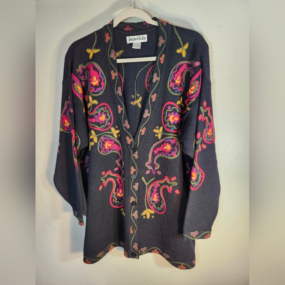Jacque & Koko Multicolor Embroridered Paisley Knit Cardigan Sz 14/16
